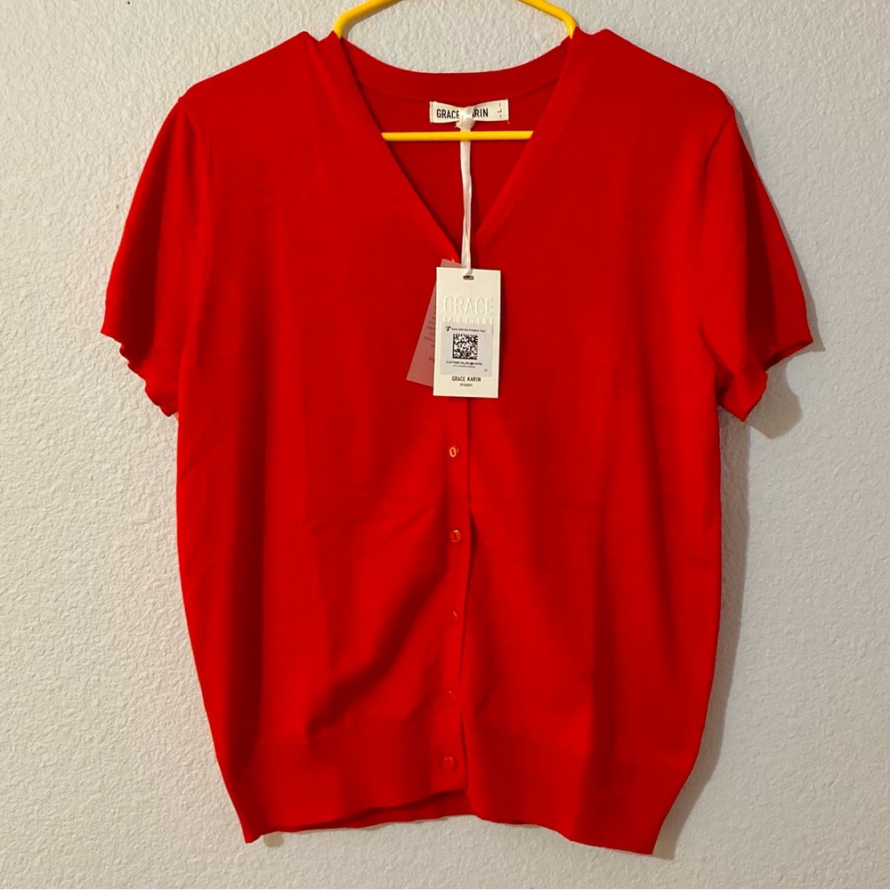 Grace Karin Red Button-Up Blouse